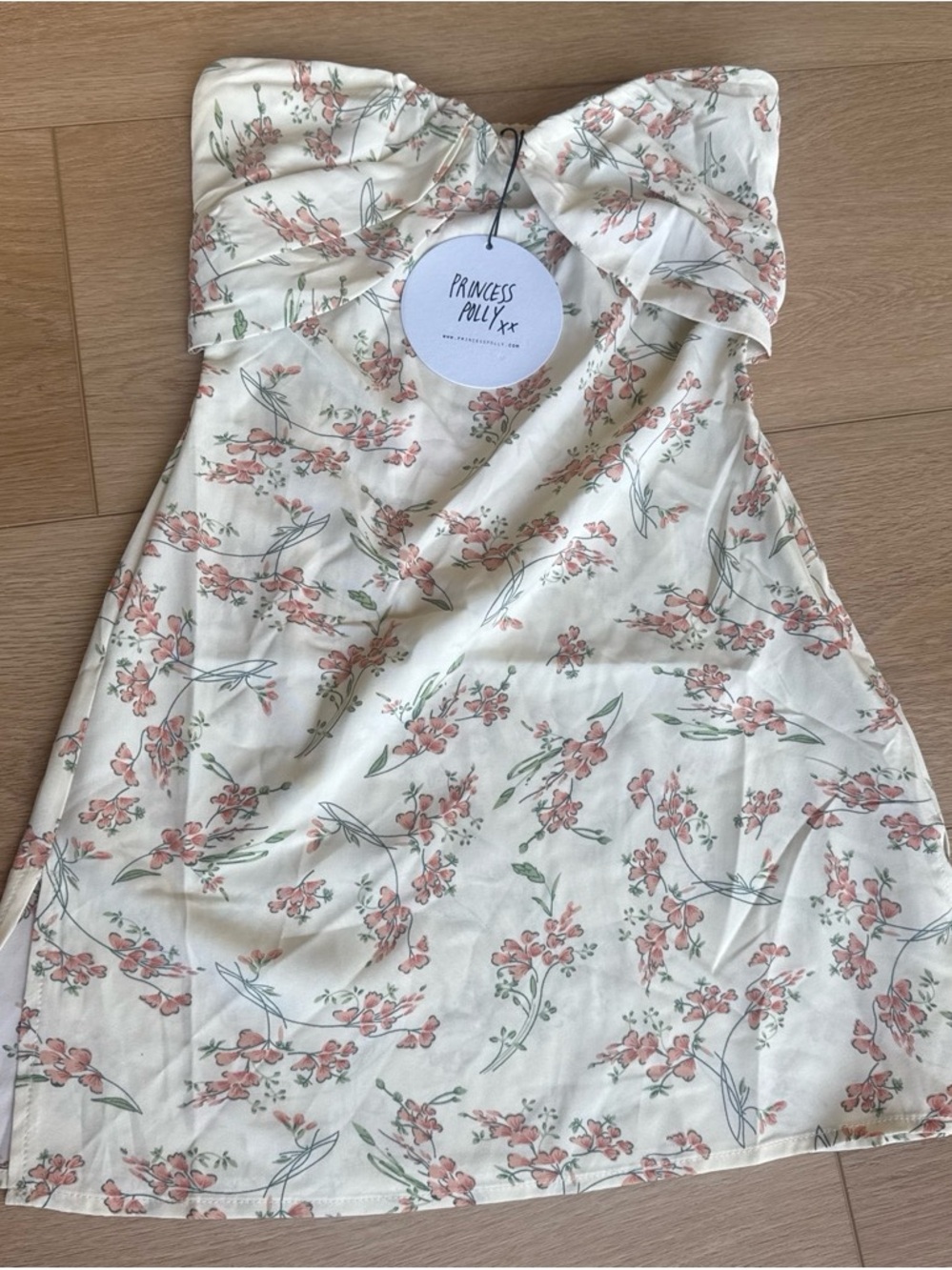 Princess Polly Cream Floral Strapless Sundress with Pink Blossoms- NWT